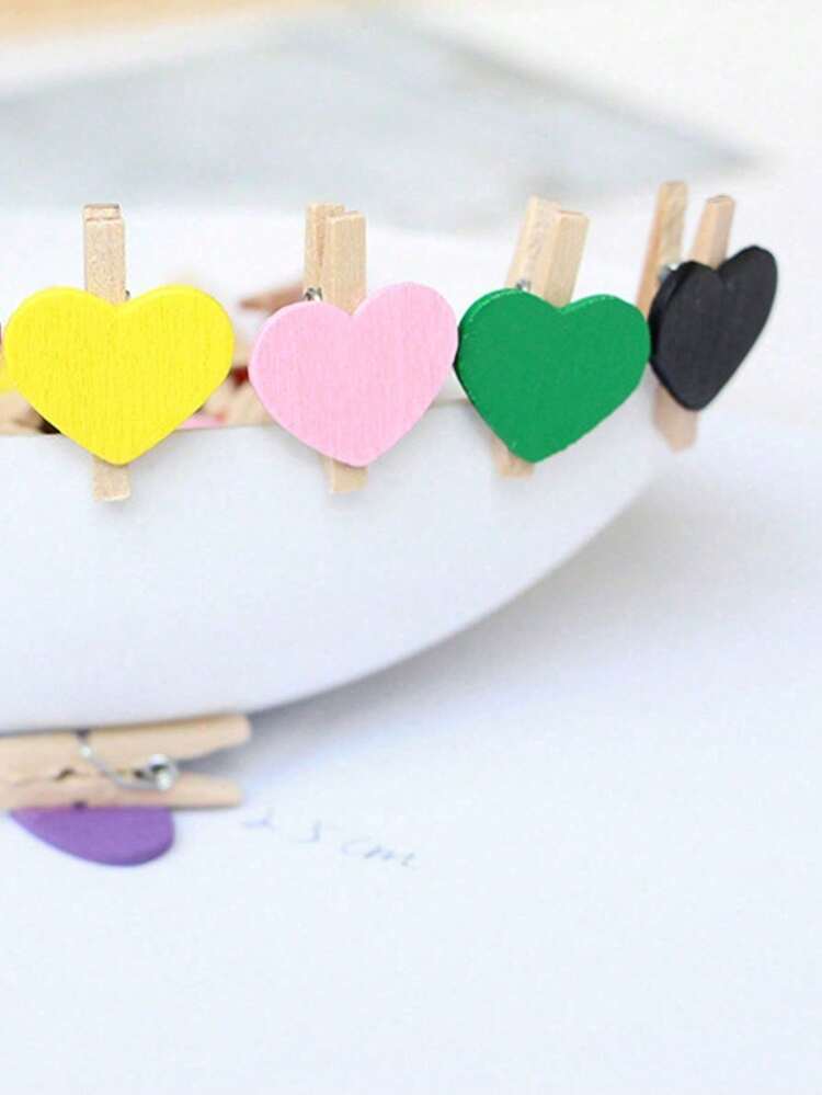 20/30/50pcs Set Colorful Wooden Heart Shaped Memo Clips, Wooden Clothespins, Star Clips, Snack Bag Clips, Heart Shaped Clothespins, Mini Handmade Wooden Photo Display Clips - Pink - View 4