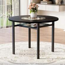 Modern Minimalist Round Dining Table, 100 Cm Diameter, Black Wood Grain On The Tabletop, Suitable For 2-4 People (With Grey Glass Insert And Metal Stability Frame). - Black - View 3