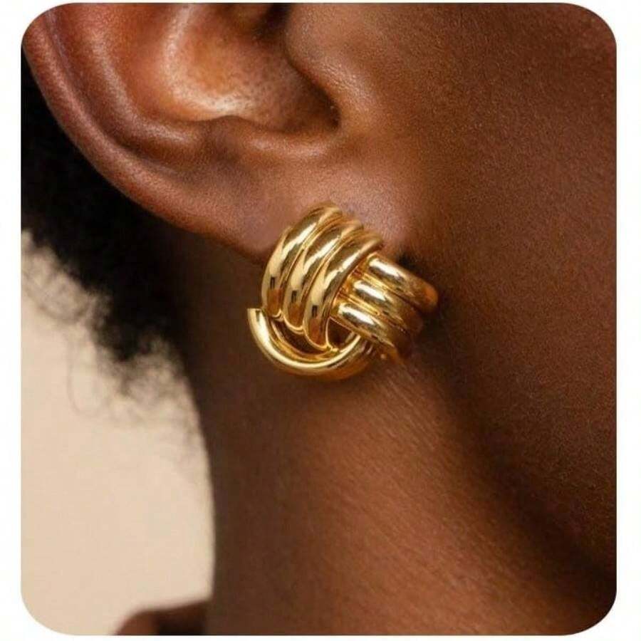Gold Earrings Women  14K Gold Stud Earrings Dainty Huggie Earrings Simple Blod Earrings Gold Hoop Earrings Hypoallergenic Earring Women Gifts - 血三結金 - 查看 1