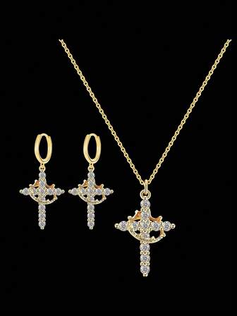 CCO 1 Set de Collar con Colgante de Cruz y Decoración de Corona, y Aretes, Regalo Festivo