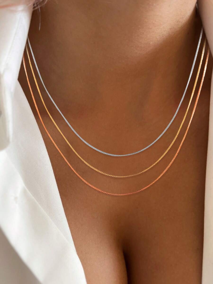 S925纯银可调节颈链，简约14K镀金多层项链，适合女性和女孩佩戴 - 車花蕭邦鏈 - 查看 1
