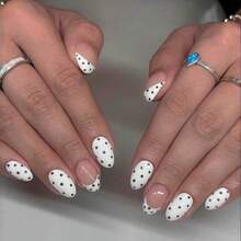 Oval-Shaped White And Black Dot Minimalist Nail Art, 24 Pieces, Detachable. - 1 - Xem 5