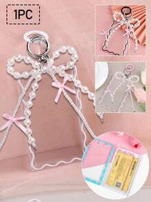 1pc Card Holder And 1pc Key Ring Transparent Creative Acrylic Card Holder Student Campus Card Meal Card Protective Cover Key Ring With Pearl Bow Keychain, Office Supplies, School Supplies, Home Supplies, Back To School Gift Photo Badge Holder Card Holder Wallet Business Card Holder Credit Card Holder - Multicolor - View 1