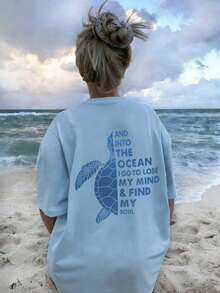 Women's Summer New Simple Slogan Print Casual Vacation Loose Fit Round Neck Short Sleeve T-Shirt, Fashionable Everyday Top, Suitable For Daily And Vacation Wear. Women's T-Shirt Top. - Baby Blue - View 6