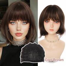 12英寸粉色波波头假发，带刘海，合成耐热假发，外观自然，适合女性日常、派对和角色扮演使用，粉色、棕色、黑色可选。 - 彩色 - 查看 11