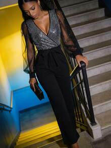 Elegant Women's Deep V Neck Wide Leg Jumpsuit With Sequin Embellished Top, Belted Knot Waist And Flowy Pants Luxury Party Outfit For Fall Winter Layering And Holiday Events - Black - View 4