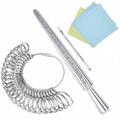 סט מדידת טבעות מסגסוגת אלומיניום 27 יחידות, ערכת כלי מדידה לתכשיטים עם מד ומטלית ליטוש, כלי מדידת גודל טבעת יוניסקס