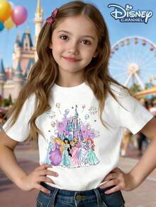 Disney Castle And Princess Pattern Crew Neck Summer T-Shirt, Suitable For Boys And Girls To Wear For Holiday Parties, Dining, Outdoor Activities, Travel, And As A Gift For Children Visiting Disneyland. - trắng - Xem 1