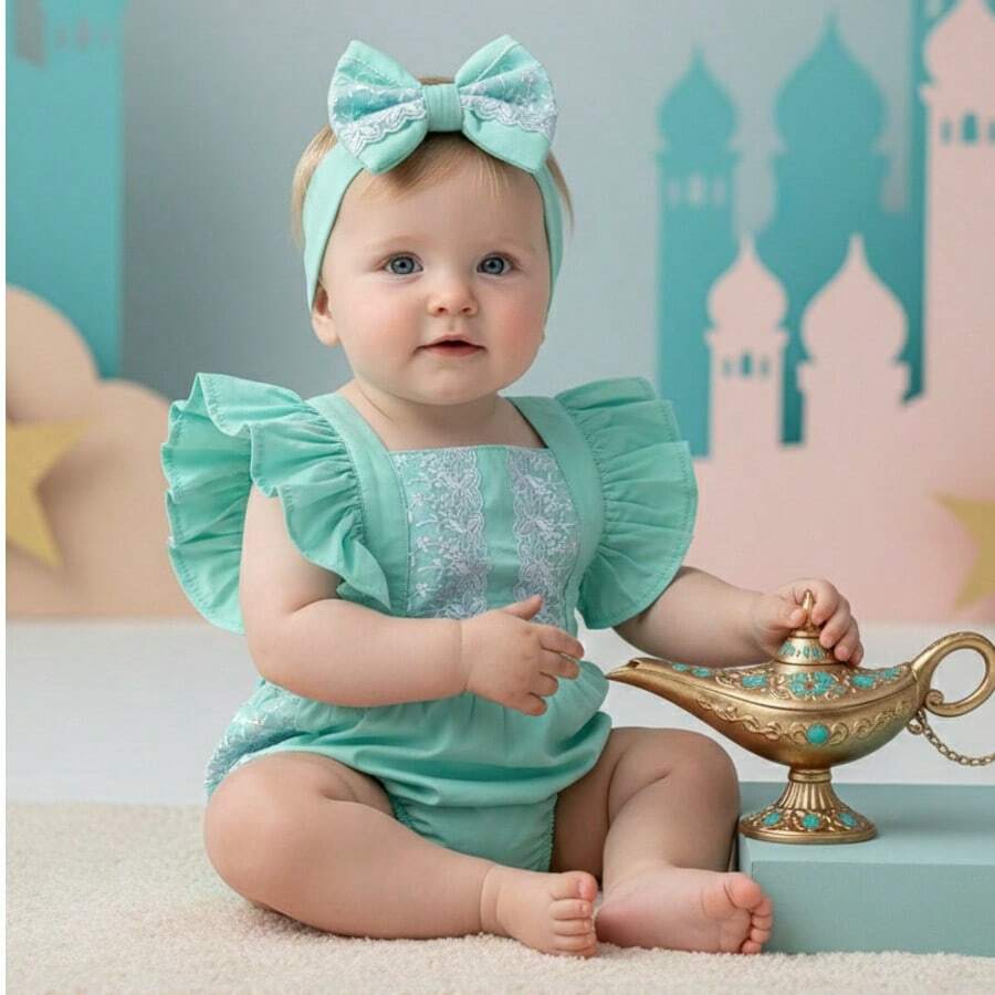 Baby Girl Romper Monthiversary Costume Palace Flying Carpet Wishing Lamp Luxury Fashion Blogger Gift Kids Princess Costume - màu xanh lá - Xem 1