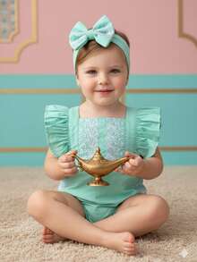 Baby Girl Romper Monthiversary Costume Palace Flying Carpet Wishing Lamp Luxury Fashion Blogger Gift Kids Princess Costume - màu xanh lá - Xem 2