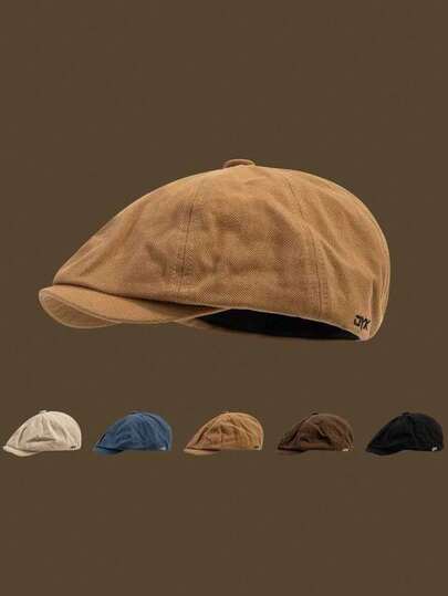 男士帽子，纯色，简约字母刺绣，短帽檐，复古英伦风，报童帽，四季皆宜，鸭嘴贝雷帽，女士时尚，独特，百搭，文艺，休闲，软顶前檐帽，男女通用，情侣款，适合日常外出。