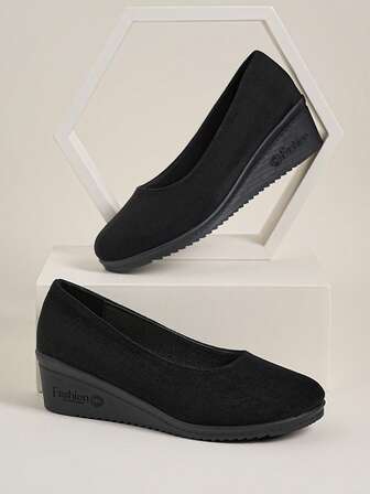 Zapatos con plataforma de moda de unicolor talla UE para mujer - Zapatos de cuña de suela blanda de unicolor con punta redonda y diseño de correa fácil de mantener en el talón - Tacones altos negros, tacones altos verdes, tacones altos morados - Tacón medio grueso antideslizante y de suela gruesa