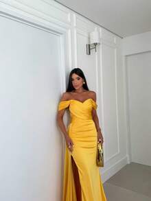 Elegant Asymmetrical Zipper Wedding Party - Yellow - View 3