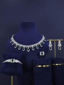 5pcs Luxury Royal Style Geometric Tassel Design Bridal Wedding Jewelry Set, Handset White Cubic Zirconia, Including Necklace, Bracelet, Earrings, Ring, Suitable For Daily Wedding Wear, Wedding Anniversary Gift (Comes In Gold Gift Box) - Geometric Green Diamond Bridal Set - View 13