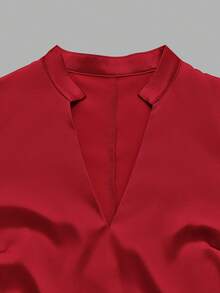 Blusa de satén con cuello en V y mangas abullonadas, corte regular, nuevo estilo para primavera/otoño - Rojo - Ver 4
