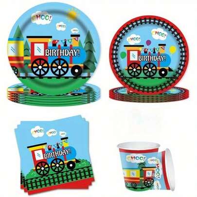 84-Piece Train-Themed Disposable Tableware Set, Including Train-Themed Birthday Party Decorations, Paper Plates, Napkins, And Paper Cups. Suitable For Weddings, Birthday Parties, Graduation Ceremonies, Back-To-School Celebrations, Holidays, Outdoor Camping, And Family Gatherings.