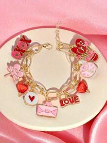 1pc Pink Enamel XOXO Heart Pendant Metal Bangle, Handmade Heart Shaped Bracelet Jewelry, Couple Gift, Valentine's Day Jewelry - Multicolor - View 5