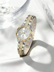 CARYINO 1pc Elegant Luxury Gold & Silver Tone Strap With Minimalist Round Dial Rhinestone Roman Numeral Ladies' Fashion Watch, Suitable For Daily Wear, Outfit Matching, Birthday Gift, Party & Date - Multicolor - View 1