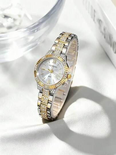 CARYINO 1pc Elegant Luxury Gold & Silver Tone Strap With Minimalist Round Dial Rhinestone Roman Numeral Ladies' Fashion Watch, Suitable For Daily Wear, Outfit Matching, Birthday Gift, Party & Date