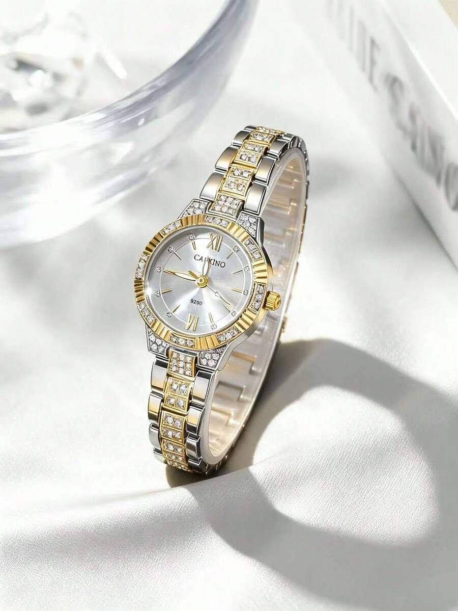 CARYINO 1pc Elegant Luxury Gold & Silver Tone Strap With Minimalist Round Dial Rhinestone Roman Numeral Ladies' Fashion Watch, Suitable For Daily Wear, Outfit Matching, Birthday Gift, Party & Date - Multicolor - View 1