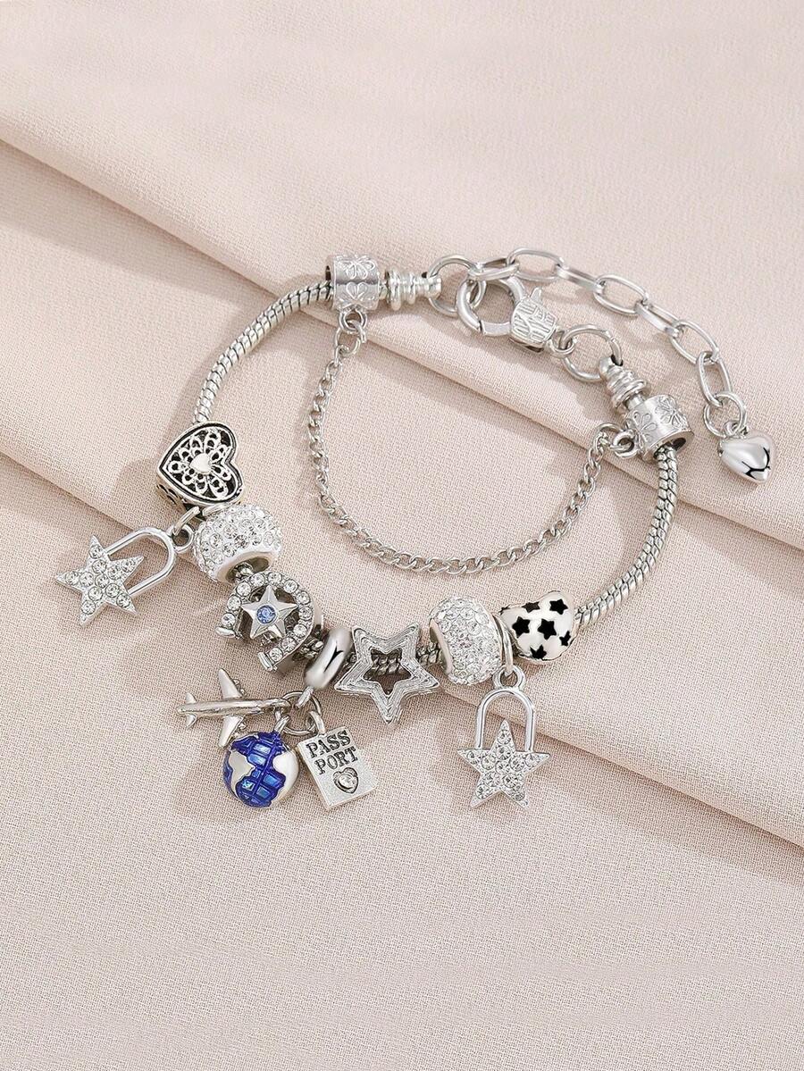 1件时尚串珠DIY手链，配有飞机和行李箱吊坠，适合日常佩戴和送礼。 - 彩色 - 查看 1