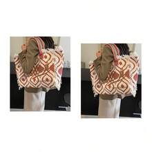 Large Capacity Tote Bag Simple Canvas Bag With Tassel Beach Bag - màu nâu - Xem 3