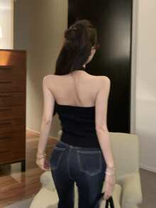 Retro Sexy Rhinestone Spaghetti Strap Fitted Camisole Tank Top For Women - Black - View 5