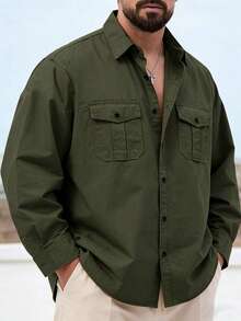 Men's Plus Size Olive Green Classic Long Sleeve Shirt, Autumn New Style Elegant Casual Shirt Top - Dark Green - View 1