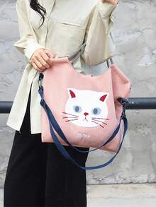 New Fashionable Minimalist Embroidered Cute Cat Versatile Large Capacity Women Tote Shoulder Bag - Multicolor - View 3