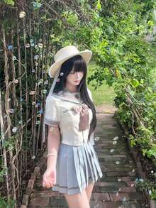 Cosplay Clothing - Bộ đồng phục thủy thủ tay dài màu trắng + nơ cổ + chân váy xếp ly màu xanh nhạt - Xem 8