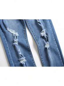 Traje callejero a la moda Agujeros distorsionados morados Jeans de pierna recta para hombre Estrecha ajustada estrecha Comodidad Pantalones de mezclilla extensibles para hombre Pantalones informales de moda Cintura elástica Jeans lavados duraderos Jeans rasgados con estilo para hombre - Neblina azul - Ver 3