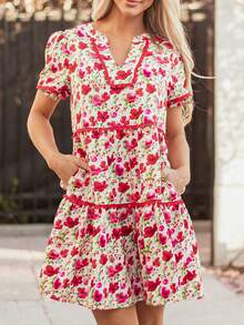 Acelitt Red Floral Puff Sleeve Tiered Ric Rac Pocketed Mini Dress - Multicolor - View 4