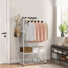 LIVINGANDHOME Living And Home  Sturdy Metal Clothes Rack Double Rod Design With Side Bars Hooks For Garments Towels Bags Storage Holiday - White - View 3