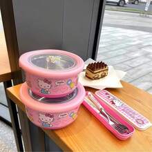 Sanrio 1200ml Super Large Capacity Hello Kitty Bento Lunch Box With Lid, Suitable For School Lunch, Includes Stainless Steel Ramen Bowl, Can Be Matched With Matching Cutlery, Salad & Dessert Bowls, Fridge Storage Set, Reusable Bowls, Ideal For Cold Dishes And Hot Foods