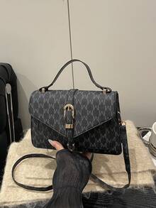 1pc Women's Luxury Fashion Handbag, PU Material, Belt Buckle Design, Lightweight & Versatile, Magnetic Closure, Suitable For All Seasons, Top Handle With Detachable Shoulder Strap, Classic Print, Suitable For Travel, Shopping, Strolling, And Outdoor Commuting, Women's Work Bag, Elegant Tote - Black - View 12