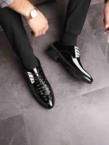Spring New Lace-Up Men's Shoes, Soft Non-Slip Pattern Mirror Surface Comfortable Fashion Business Casual Shoes, Versatile Loafers For Office, Work And Gatherings - Black - View 5