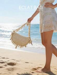 1pc Niche Vintage Straw Woven Seashell Pearl Handbag With Chain Strap, Casual Vacation, Wedding Party, Gift Shoulder Bag For Women - 米色 - 查看 2
