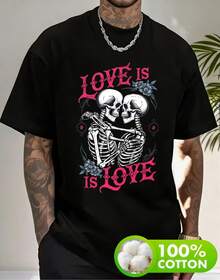 Ropa adecuada para el Día de San Valentín, camiseta impresa unisex con patrón de calavera abrazando con amor, camiseta divertida impresa, ajuste cómodo de tela de algodón suave, lavable a máquina, múltiples tamaños disponibles (S-XXXXL), adecuada para Año Nuevo, Nochevieja, Día de San Valentín y otras ocasiones. - Negro - Ver 1