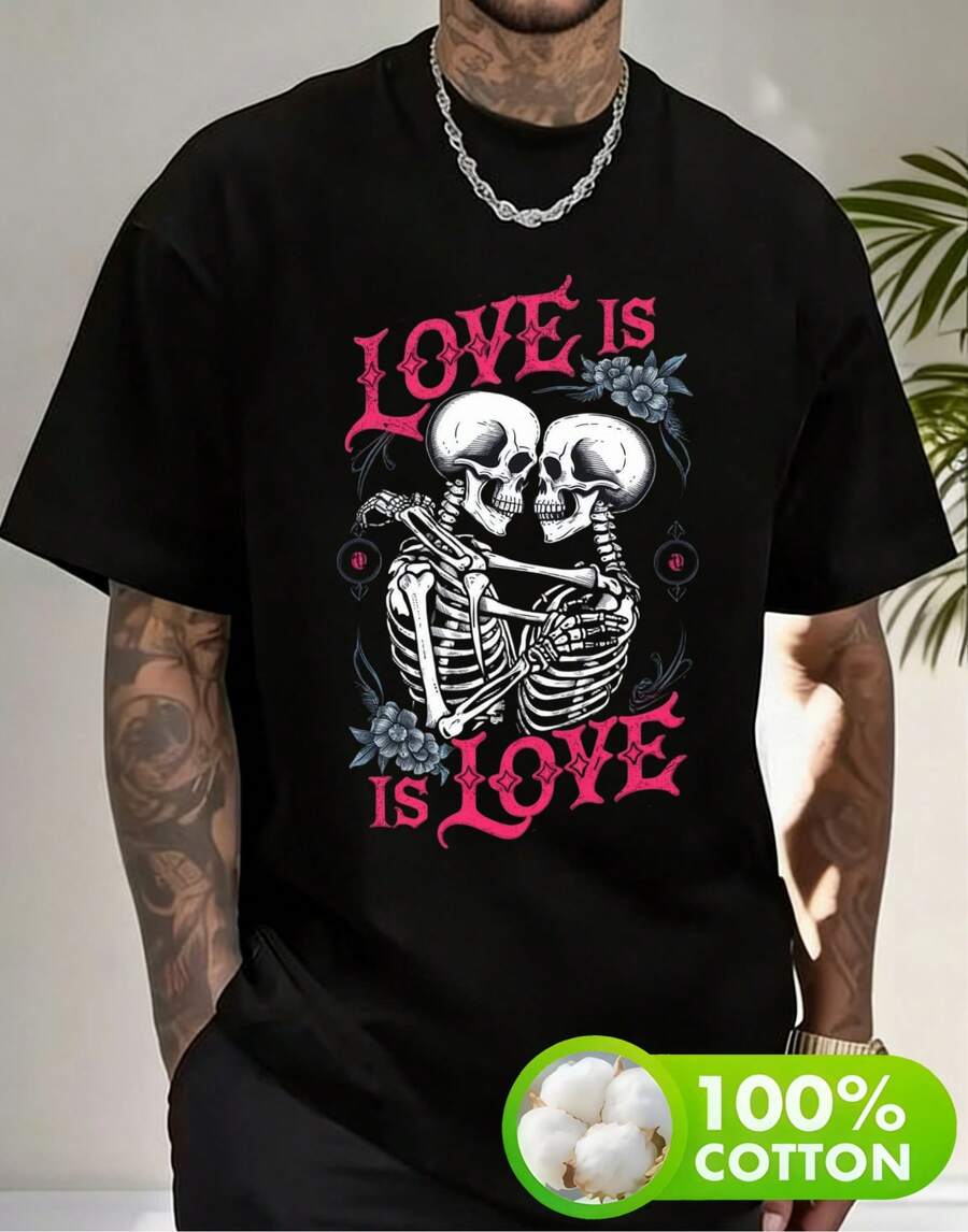 Ropa adecuada para el Día de San Valentín, camiseta impresa unisex con patrón de calavera abrazando con amor, camiseta divertida impresa, ajuste cómodo de tela de algodón suave, lavable a máquina, múltiples tamaños disponibles (S-XXXXL), adecuada para Año Nuevo, Nochevieja, Día de San Valentín y otras ocasiones. - Negro - Ver 1