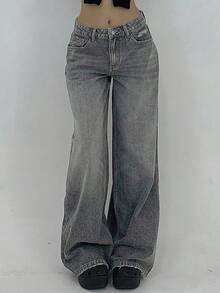 Women's High-Waisted Wide-Leg Jeans - Vintage Washed Denim Pants | Baggy Relaxed Fit Stylish Trousers (Multiple Colors Available, Ideal For Casual Daily Wear & Street Style) - Xám - Xem 2