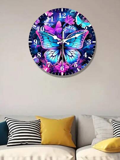 Reloj de pared de madera con encantador diseño de mariposa de diamante, adornado con suaves patrones florales rosa y azul - Decoración moderna para el hogar, adecuado para sala de estar, dormitorio, cocina, oficina - Regalo ideal para el Día de San Valentín, Año Nuevo, cumpleaños, decoración con tema de mariposas