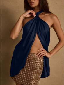 Women's Halter Tank Top Sleeveless Open Back Ruffle Slit Front Silk Satin Shirt Camisole For Party Cocktail - 藏青色 - 查看 2