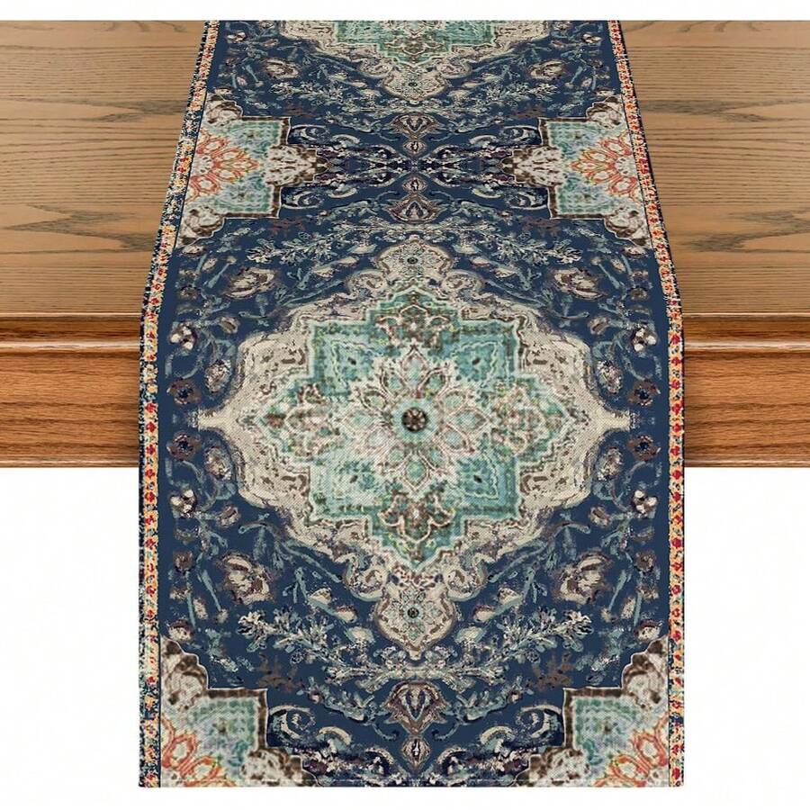 1pc Bohemian Style Blue Table Runner, Seasonal Spring Country Farmhouse Magic Summer Kitchen Dining Table Decor, Home Party Decoration - Blue - View 1