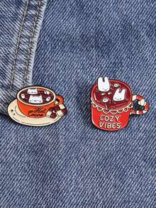 2pcs Hot Cocoa Enamel Needle Rabbit&Cat Hidden In Cocoa Cup Badge Clothes Backpack Accessories Jewelry Gifts For Friends - Multicolor - View 11