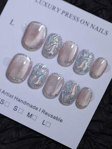 Luxury Shiny Glitter Grape Rhinestones Decoration 10pcs Short Round 100% Handmade Press On Nails Khaki Nude Cat's Eye Fake Nail Tips Reusable Manual Nails French Style For Party And Bride Nail Beauty False Nails Fast Use Nail Supplies - Khaki - View 6