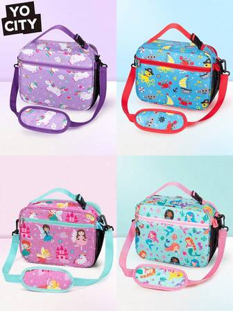 1pc Colorful Cartoon Printed Insulated Lunch Bag, Large Capacity, Portable Cooler Tote Bag With Shoulder Strap, Suitable For Work And Outdoor Activities, Thermal Insulation Lunch Box