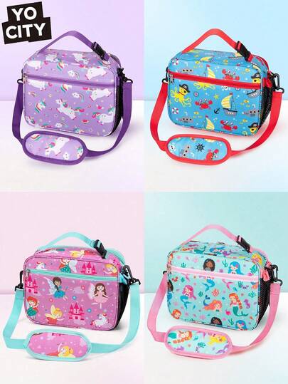 1pc Colorful Cartoon Printed Insulated Lunch Bag, Large Capacity, Portable Cooler Tote Bag With Shoulder Strap, Suitable For Work And Outdoor Activities, Thermal Insulation Lunch Box