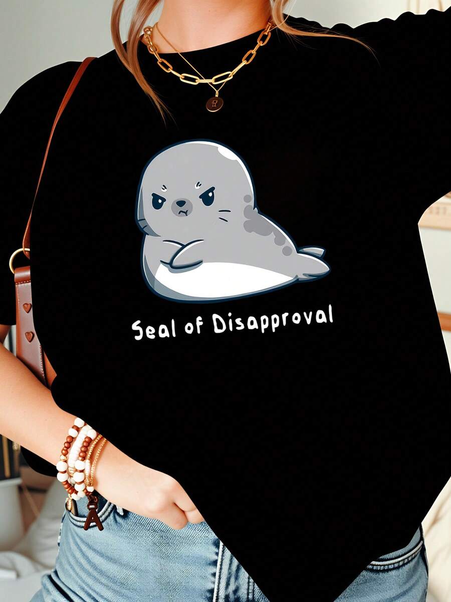 Seal Of Disapproval Cartoon Seal Print Crewneck T Shirt Casual Loose Fit Top For Women And Girls Everyday Wear Office Or Leisure Outfits 220g - 黑色 - 查看 1