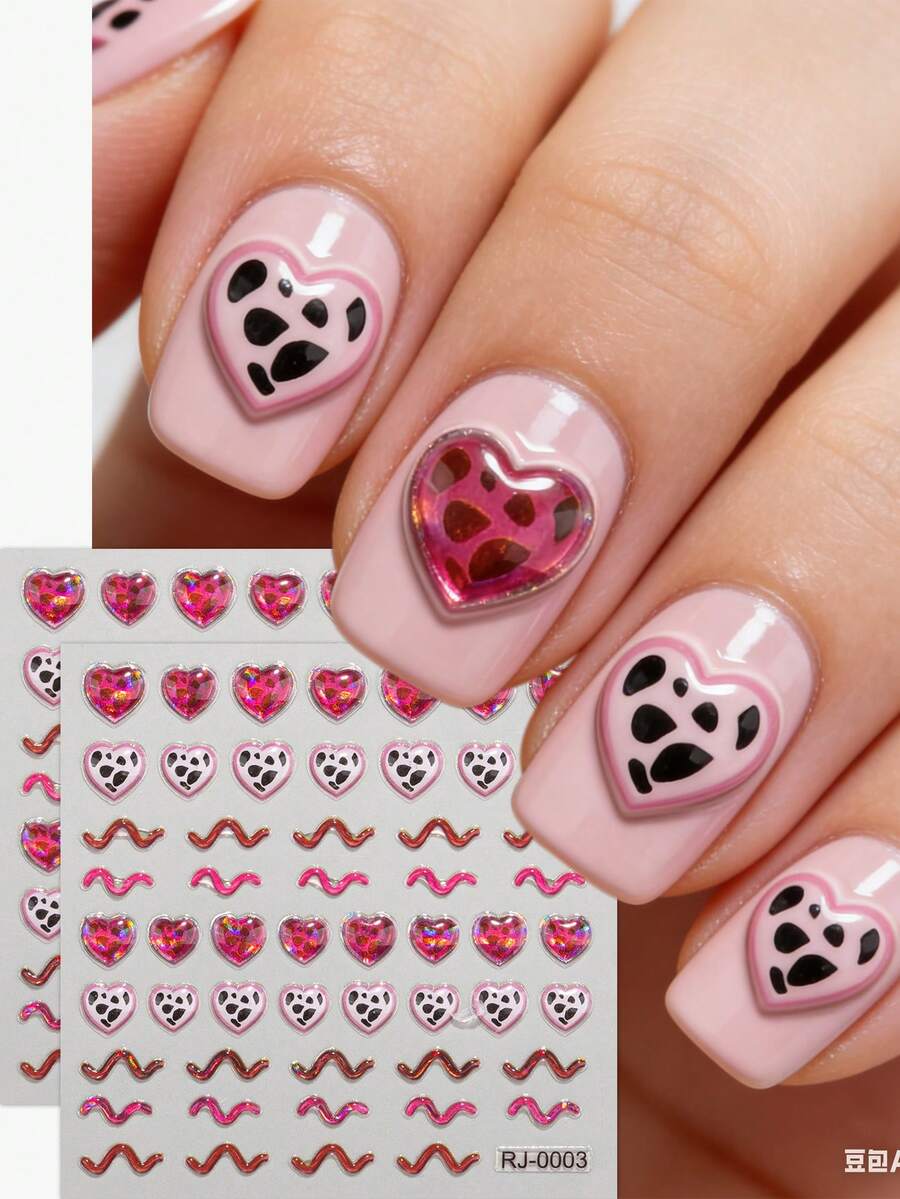 2 miếng dán móng tay hình trái tim in họa tiết da báo màu hồng 5D nổi bật, thích hợp cho ngày Valentine, dành cho nữ giới, dùng để tự làm móng nghệ thuật, phụ kiện làm móng. - Nhiều màu - Xem 1