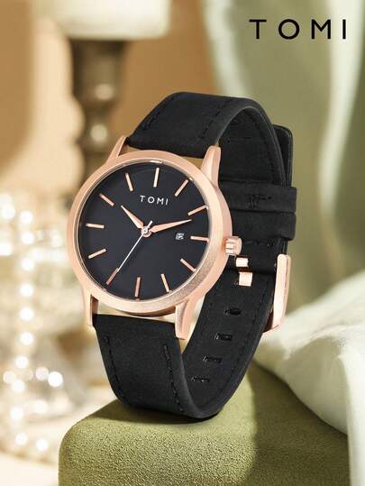 1pc TOMI Vintage Studs Dial Calendar Leather Strap Watch, Simple & Compact Design For Young Students